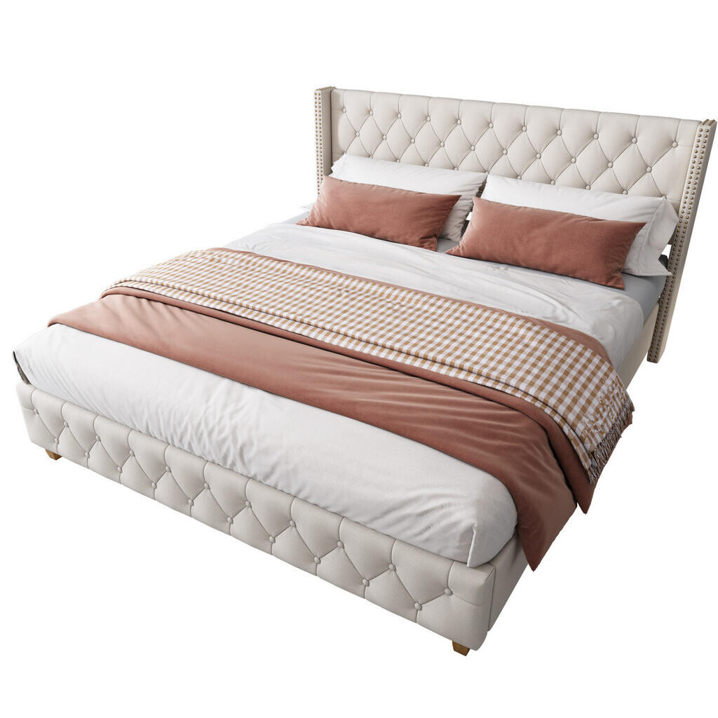 Redom ČALOUNĚNÁ postel 160/200 cm s lamelovým roštem, knoflíkovým prošíváním a kovovými detaily, Béžová