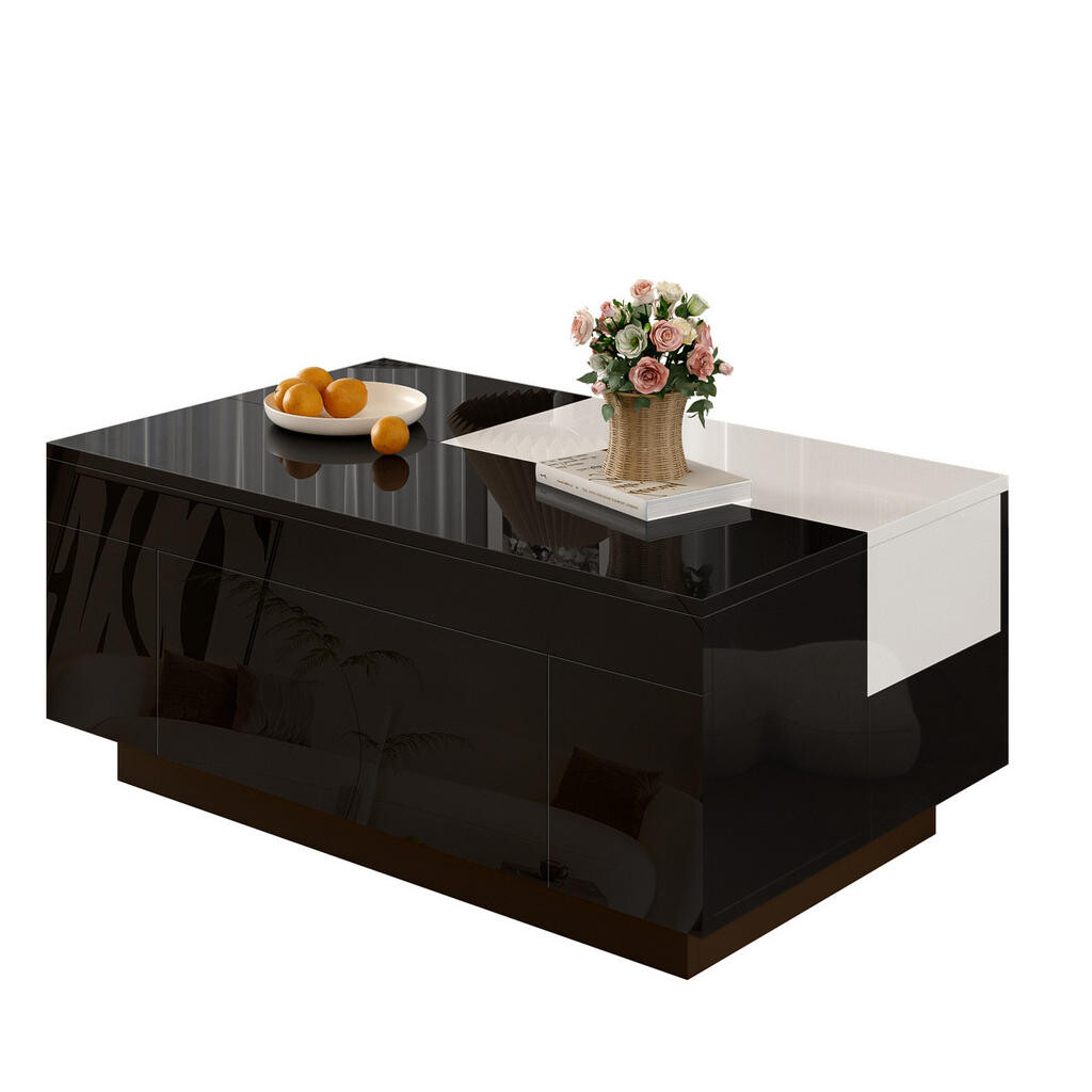 Redom KONFERENČNÍ stolek 80/50/35,5 cm s LED osvětlením, výsuvnou deskou a skrytou zásuvkou z MDF, Černá/Bílá