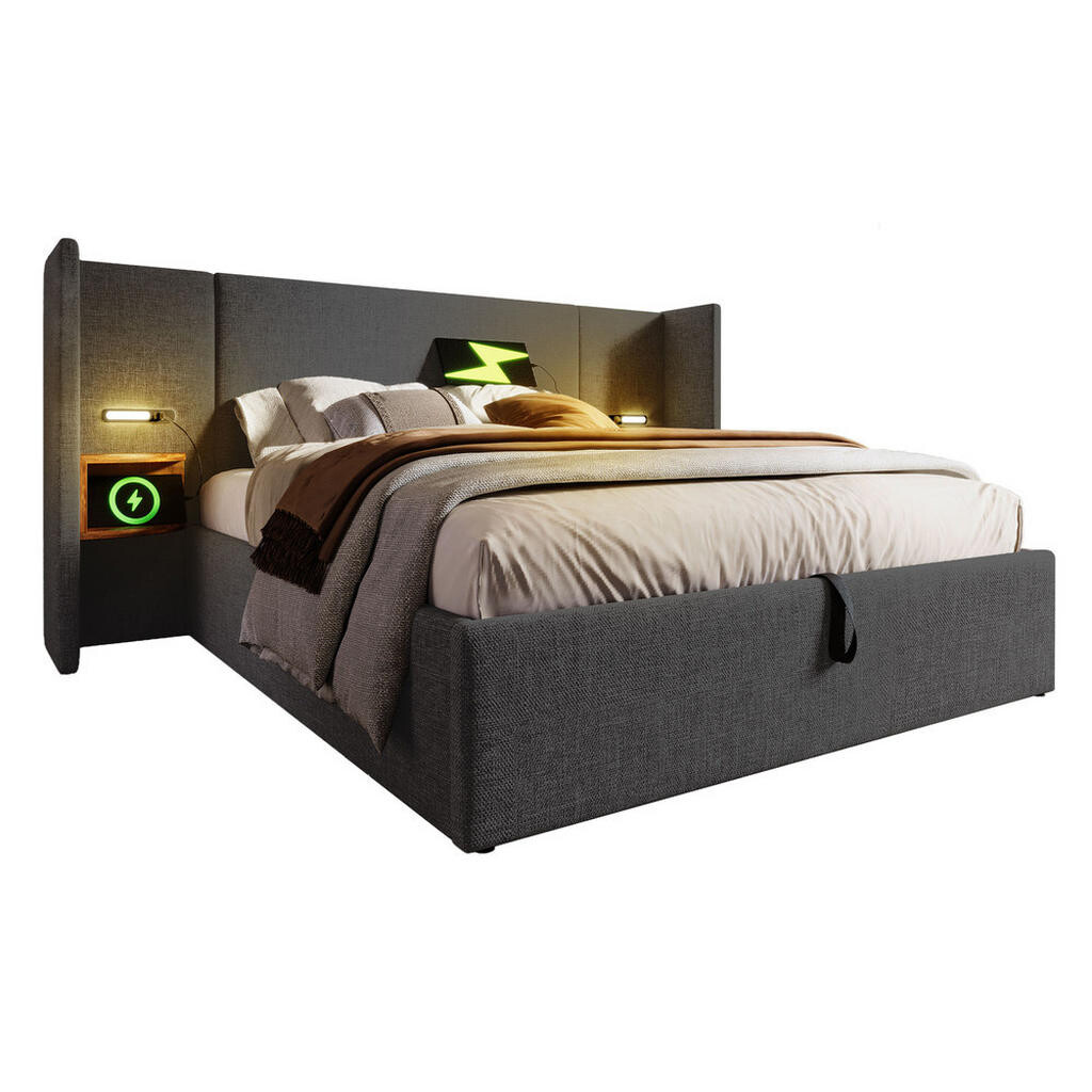 FLIEKS ČALOUNĚNÁ POSTEL 160x200 Šedá USB-C Noční Stolky