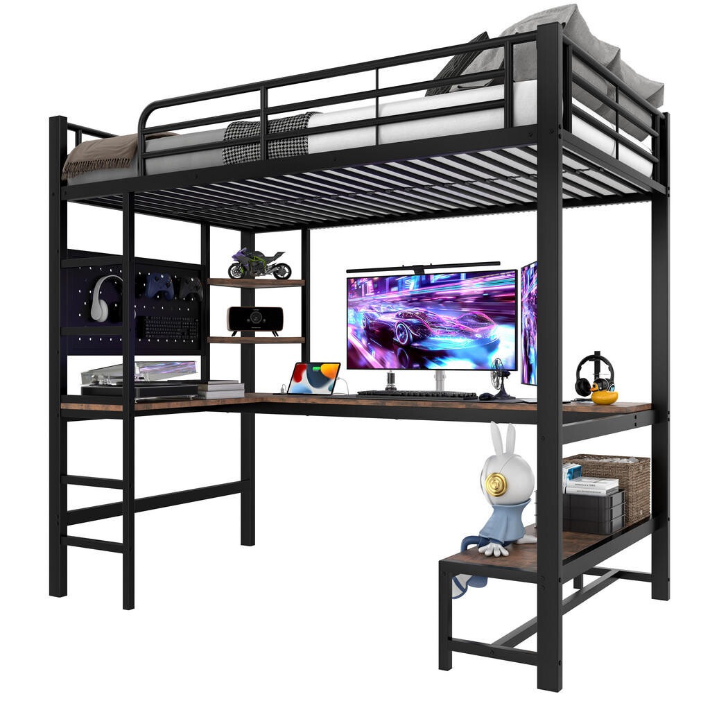FLIEKS VYVÝŠENÁ POSTEL 90x200cm Kov Stůl LED USB-C Černá