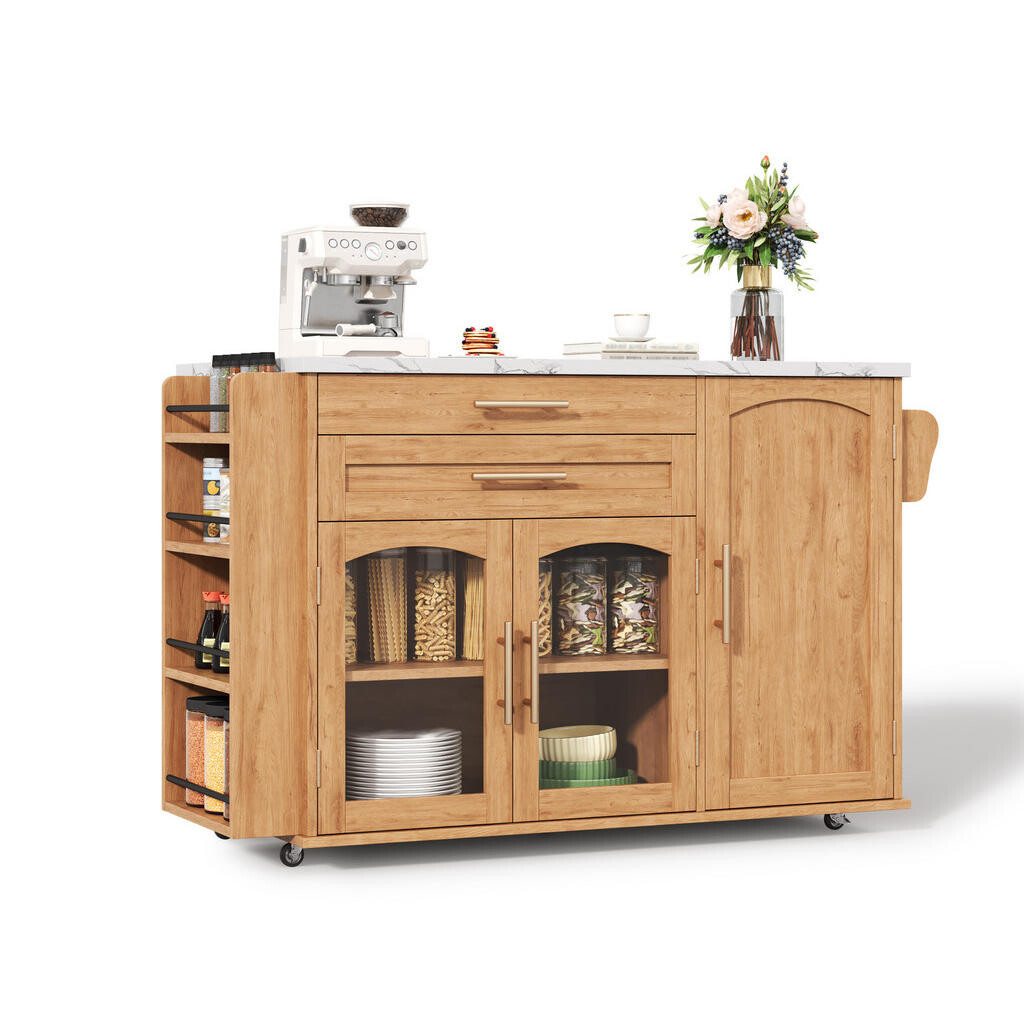 OKWISH KUCHYŇSKÝ vozík 138/70/90 cm přírodní z MDF s klopnou deskou a úložným prostorem