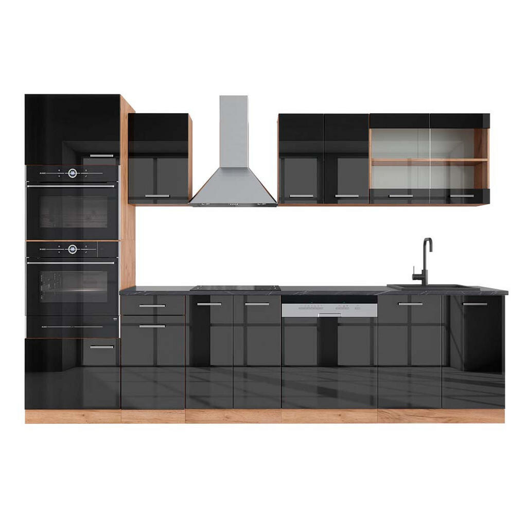 Vicco KUCHYŇSKÝ KOUT R-Line Antracitový vysoký lesk/zlatý dub power 300 cm s vysokou skříní, PD Antracit