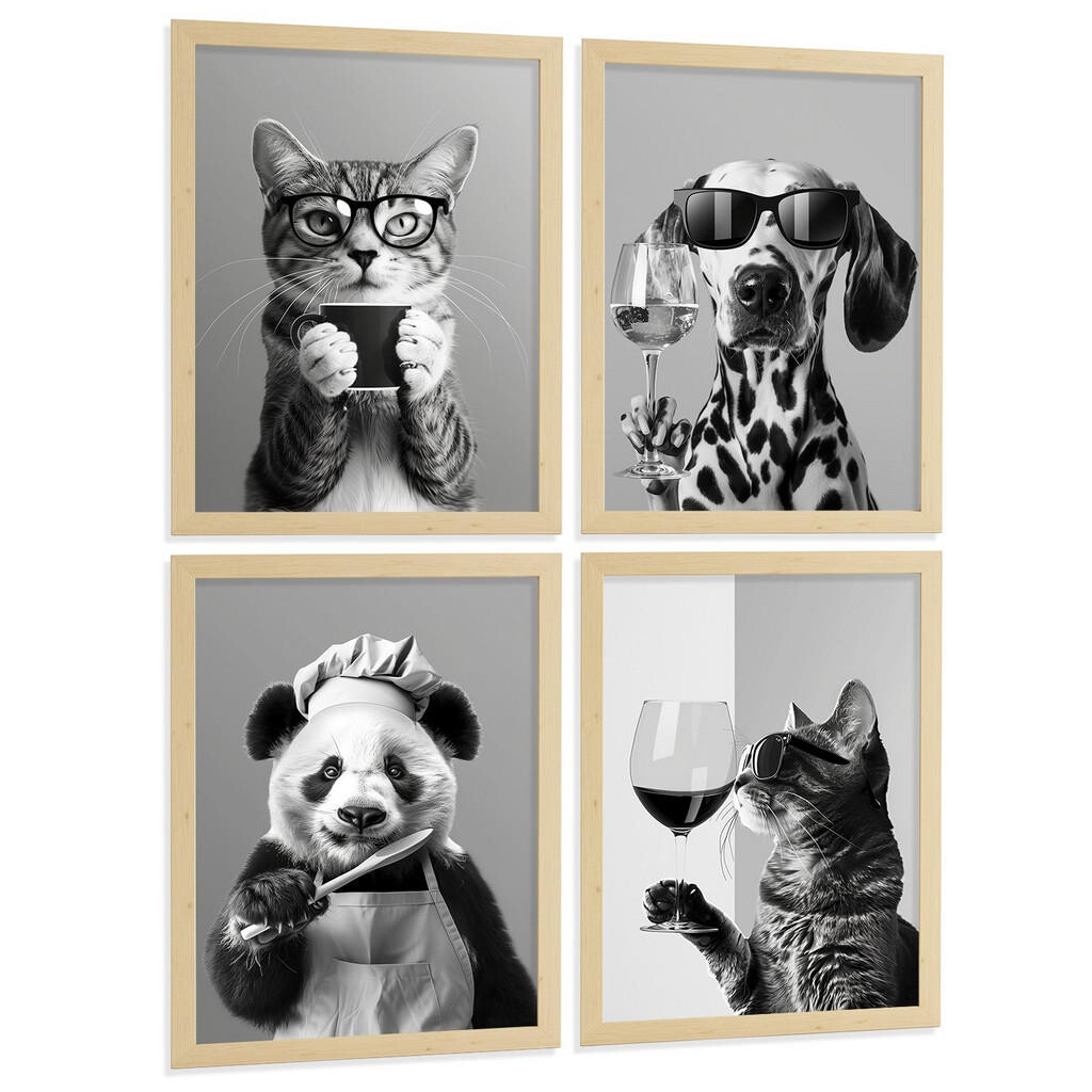 Nacnic PLAKAT Sada 4 Byn Animals A4 Lehký dřevěný rám