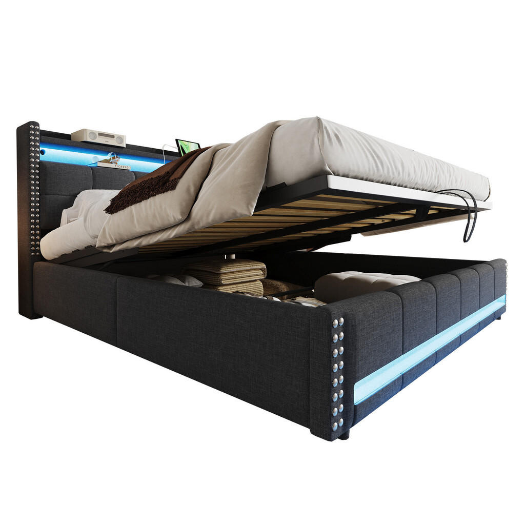 OKWISH ČALOUNĚNÁ postel 180/200 cm šedá z lněné tkaniny s LED, USB a úložným prostorem