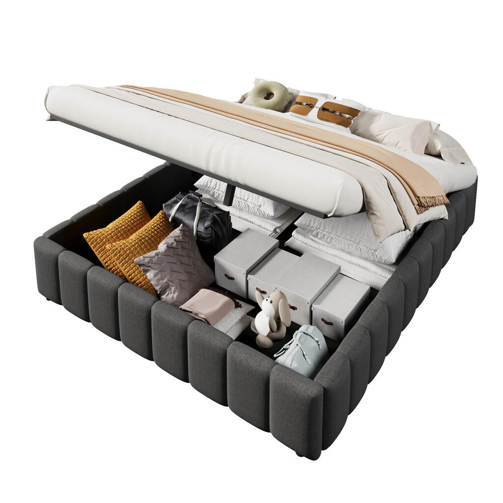 OKWISH ČALOUNĚNÁ postel 140/200 cm šedá z lnu s hydraulickým úložným prostorem