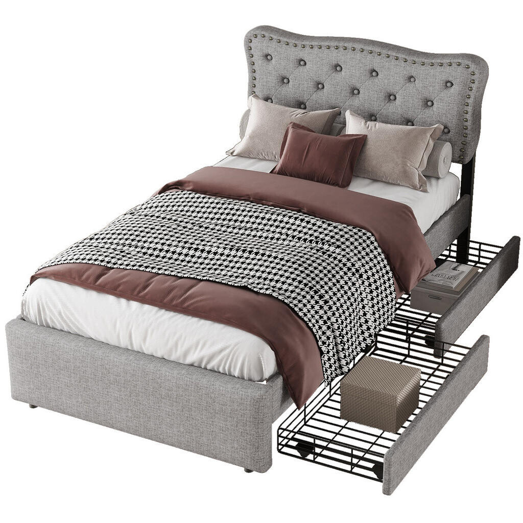 OKWISH ČALOUNĚNÁ postel 90/200 cm šedá z MDF se 2 zásuvkami a nastavitelným čelem