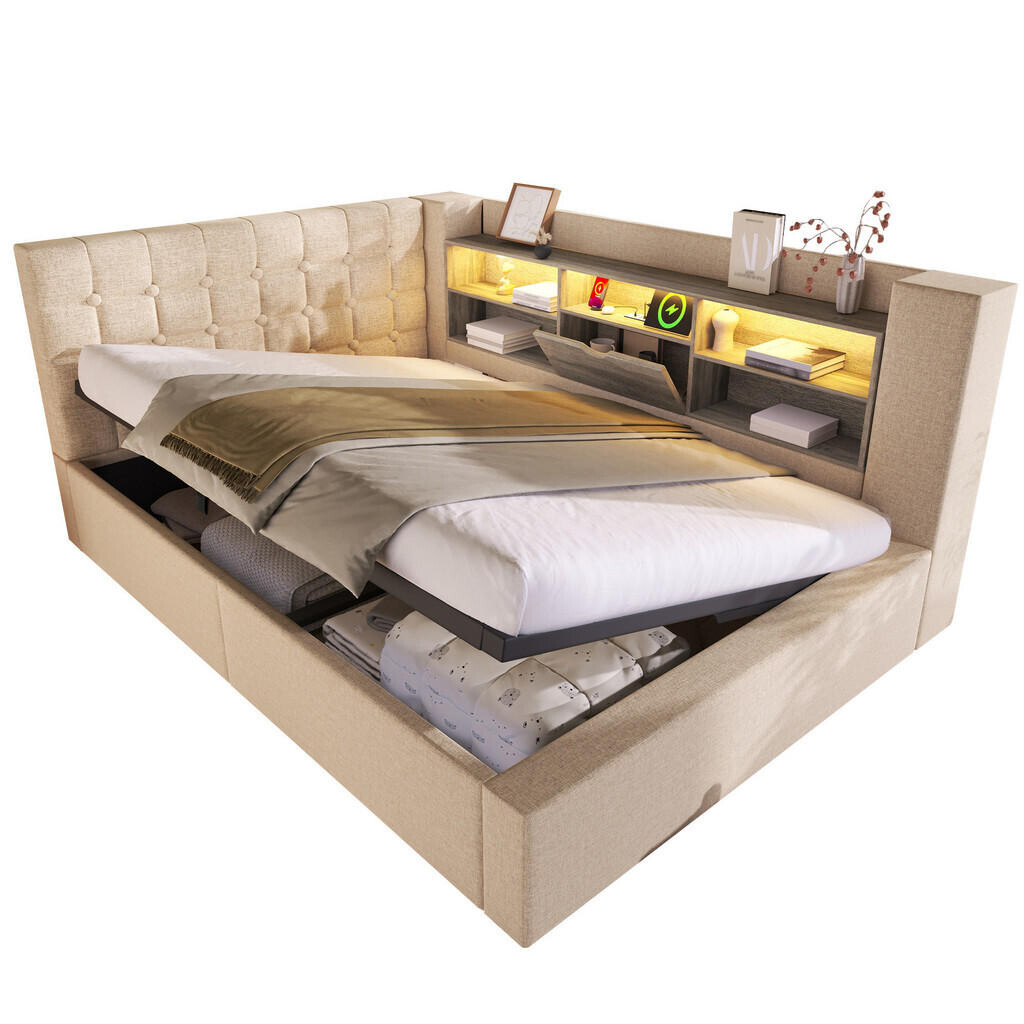 OKWISH ČALOUNĚNÁ postel 140x190 cm béžová z lnu, kovu a dřeva s LED osvětlením a úložným prostorem
