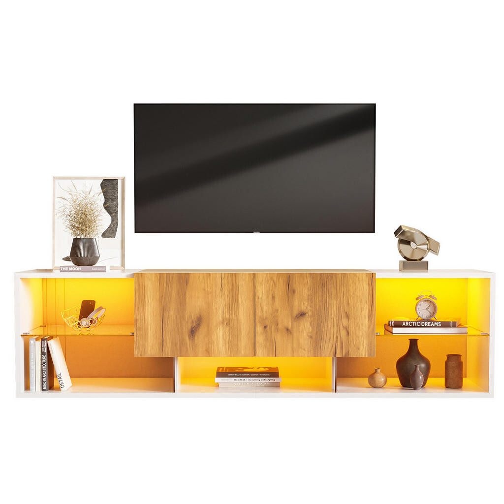 OKWISH TV stolek 160/40/42 cm bílá a přírodní dub z dřevotřísky s LED osvětlením a dvěma zásuvkami