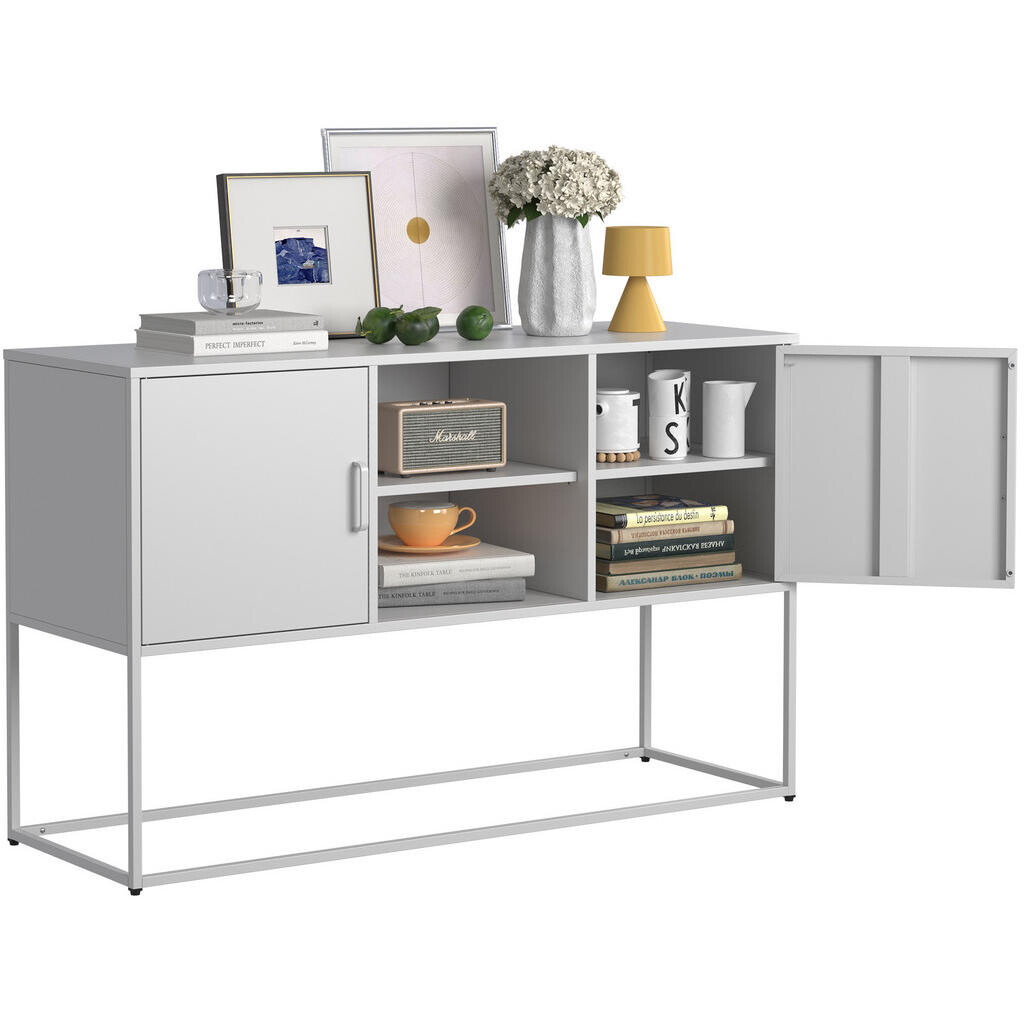 OKWISH BOČNÍ skříň 75/120/40 cm bílá z kovu se 6 přihrádkami a tichým magnetickým zavíráním