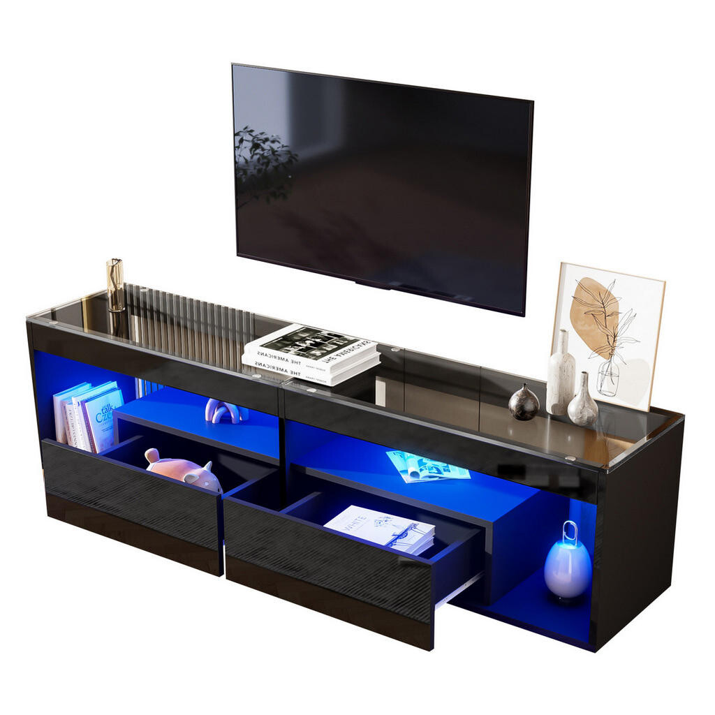 Redom TV stolek 180/40/46 cm s LED osvětlením, dvěma zásuvkami a lesklým provedením, Černá