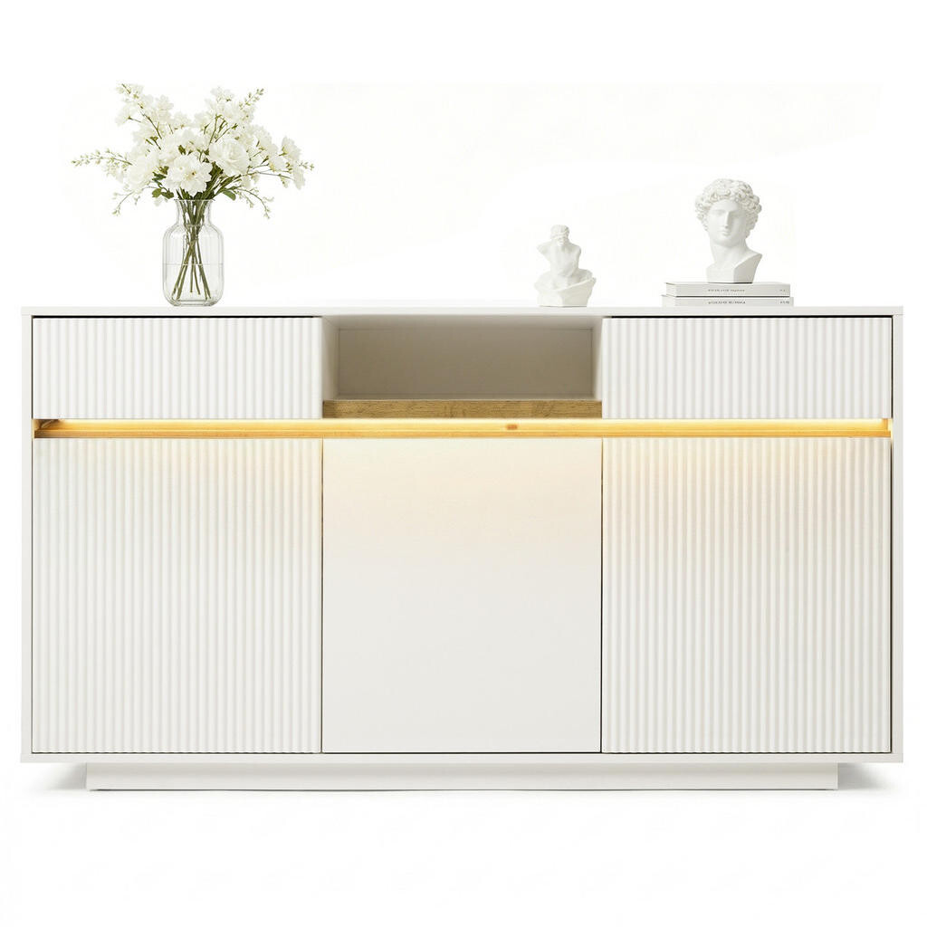 OKWISH BOČNÍ skříň 140/40/85 cm bílá z MDF a dřevotřískové desky s LED osvětlením