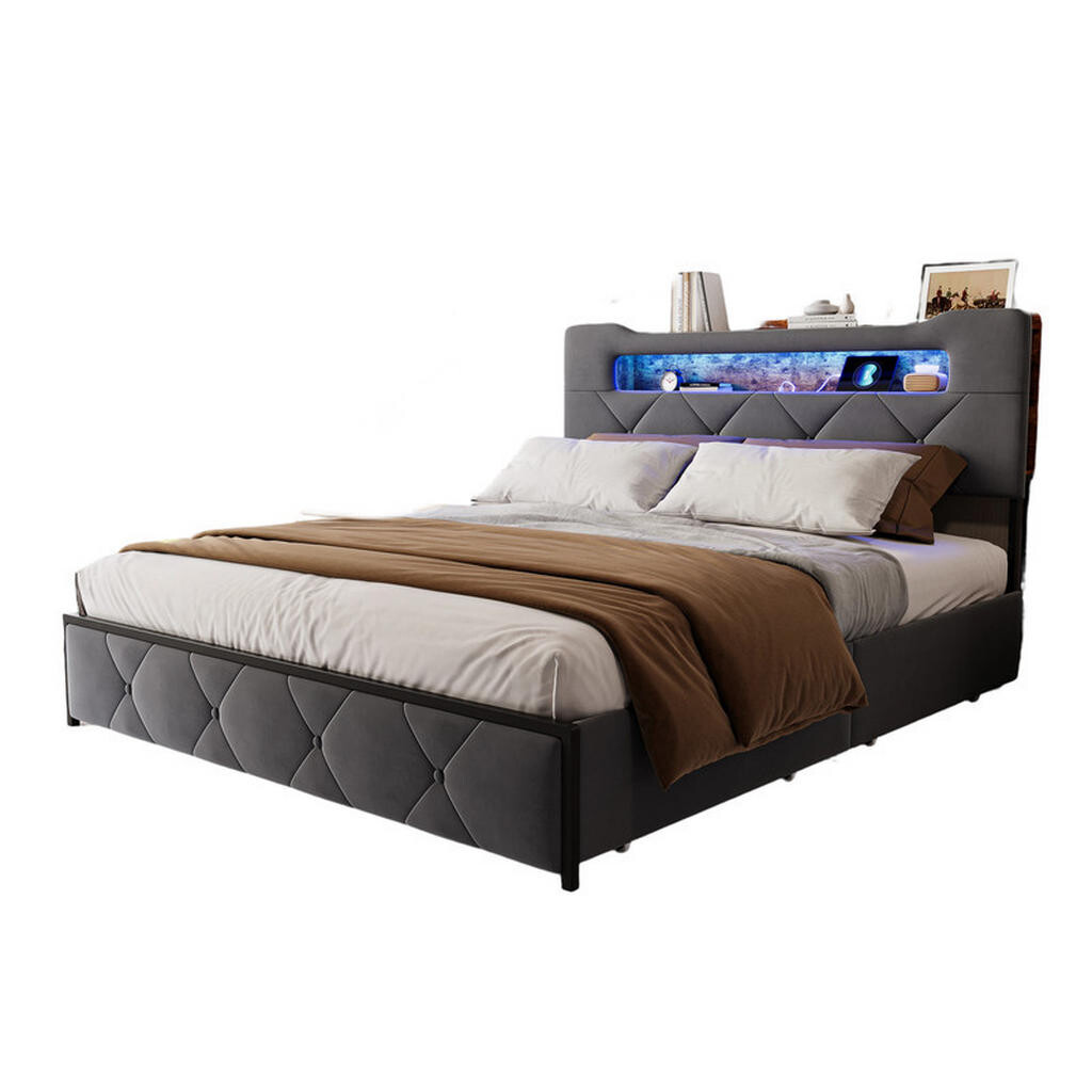 SHOPENTRA ČALOUNĚNÁ postel 160x200 cm šedá látka LED USB 4 zásuvky