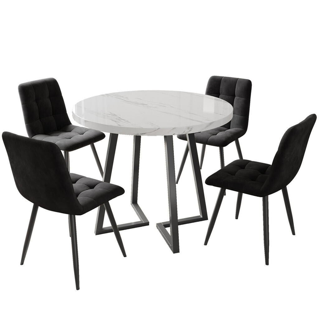 FLIEKS JÍDELNÍ SET 4 Židle Kulatý Bílý Černý 80cm