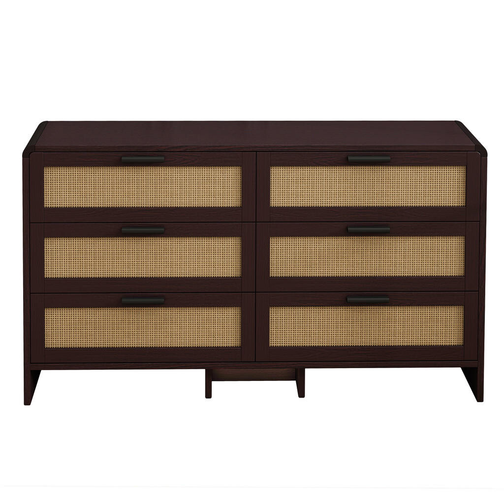 Urban Meuble SIDEBOARD dřevotříska v červenohnědé s ratanovým výpletem, zaoblené rohy a 6 zásuvek