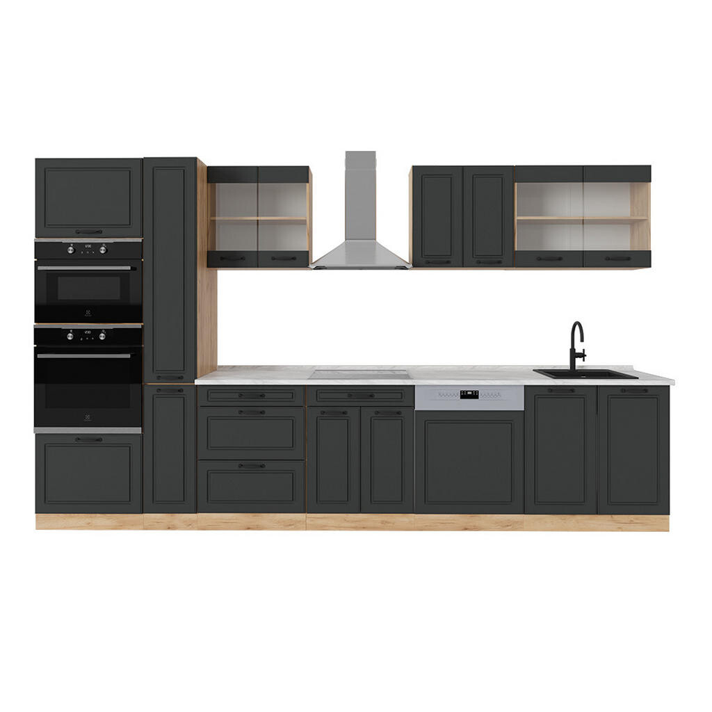 Vicco KOMPLETNÍ KUCHYNĚ R-Line Antracitový venkovský dům/zlatý dub 350 cm , PD Mramor
