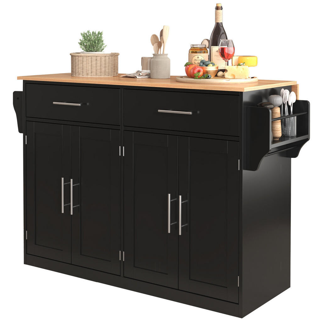 Redom KUCHYŇSKÝ ostrůvek 120/46(70)/91,5 cm s klopnou deskou, kolečky, zásuvkami a úložným prostorem, Černá/přírodní