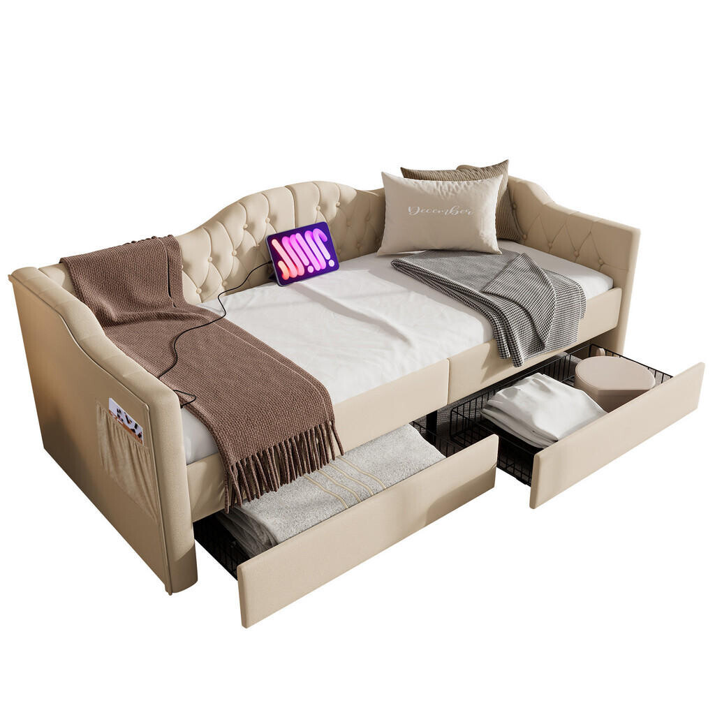 WISHDOR ČALOUNĚNÁ POSTEL 90/200 cm béžová samet s 2 zásuvkami, USB portem a Type-C