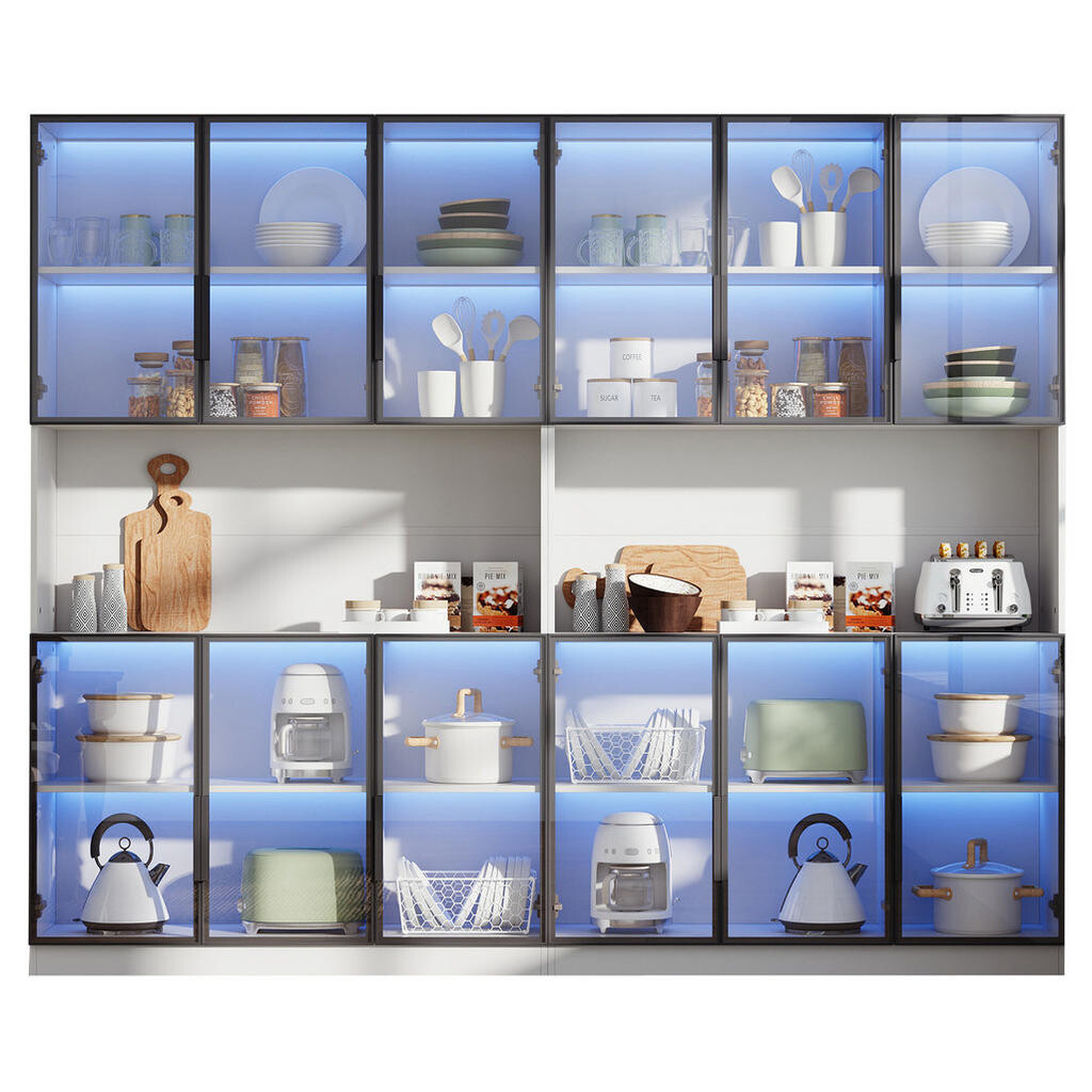 OKWISH VITRÍNA 240/34/200 cm bílá z MDF a skla s LED osvětlením a 12 dvířky