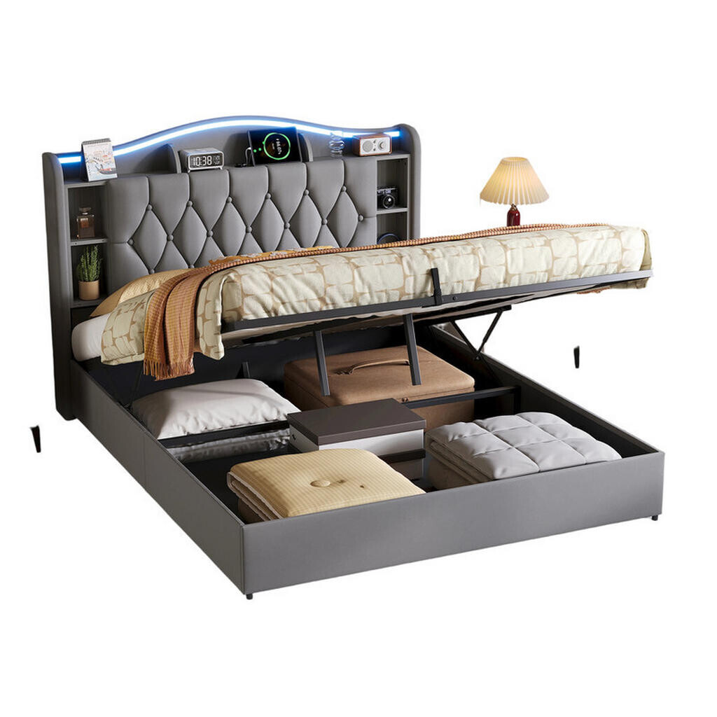 SHOPENTRA ČALOUNĚNÁ postel 160/200 cm šedá s bed boxem a bezdrátovým nabíjením