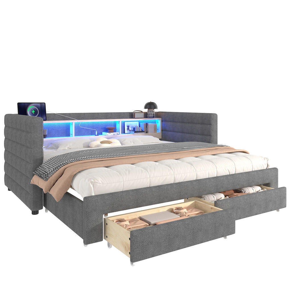 FLIEKS DENNÍ POSTEL 90x190cm Samet Rozkládací Zásuvky LED Šedá
