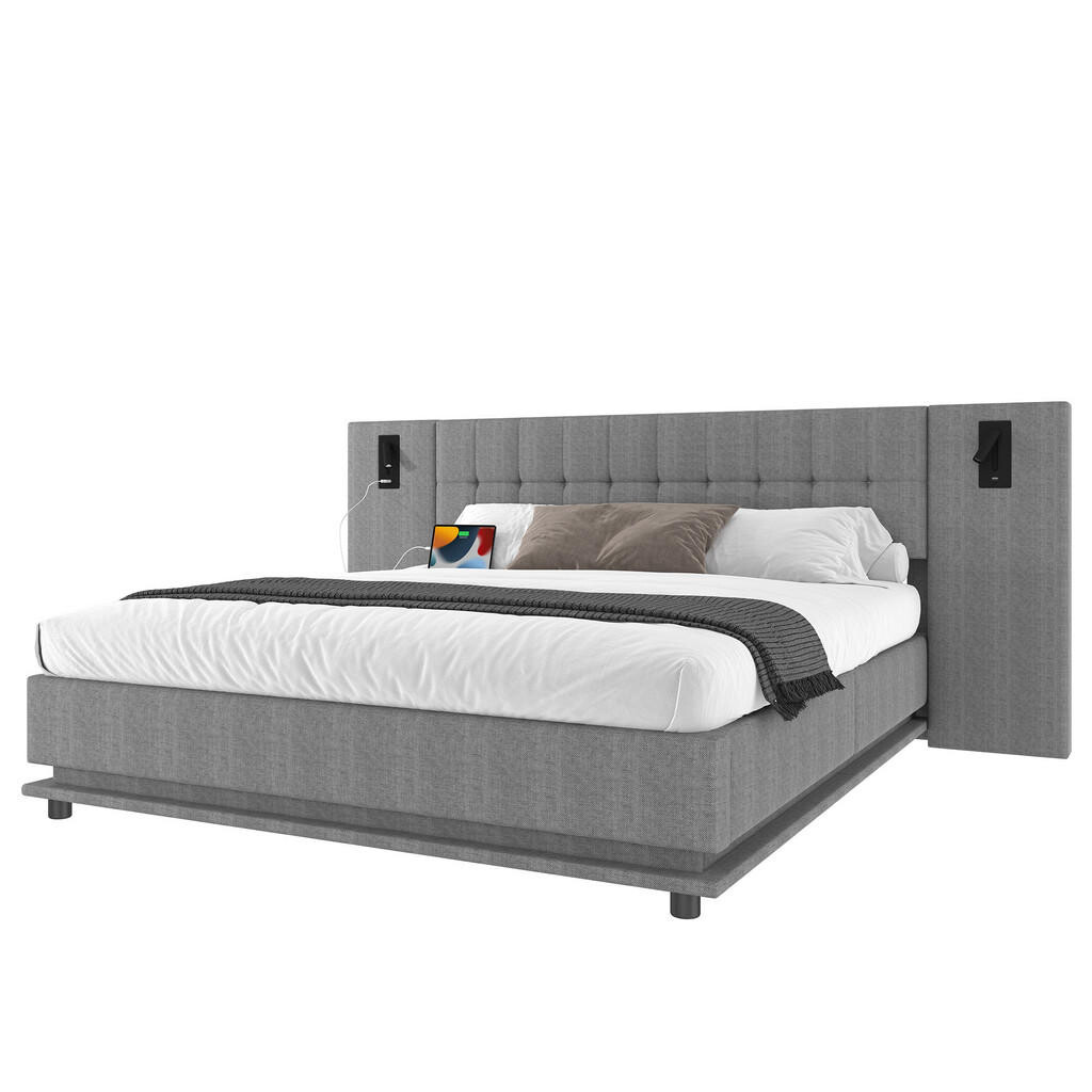 FLIEKS ČALOUNĚNÁ POSTEL 180x200cm Len LED USB Čelo Šedá