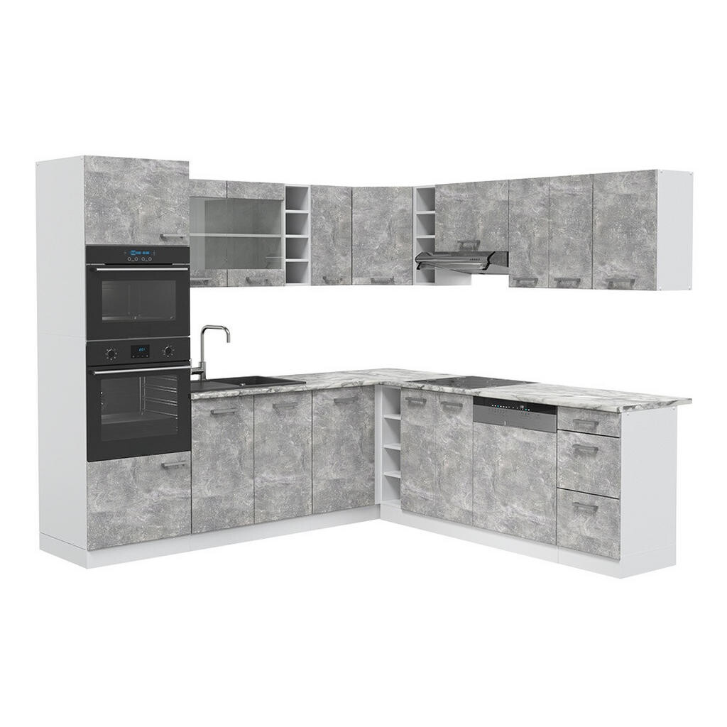 Vicco ROHOVÁ KUCHYŇ R-Line, Beton/Bílá, 247 x 237 cm s pracovní deskou
