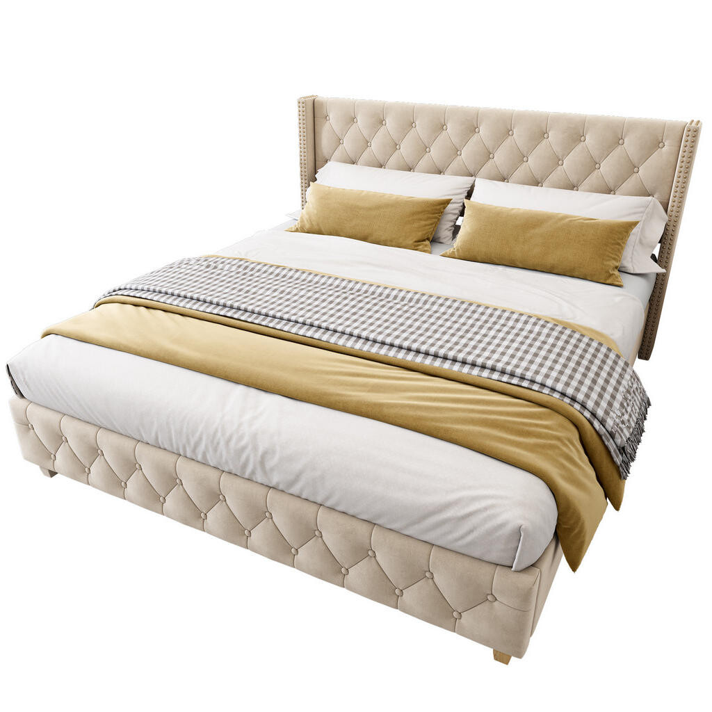 OKWISH ČALOUNĚNÁ postel 160/200 cm světle béžová ze sametu s roštem a čelem s knoflíkovým prošíváním