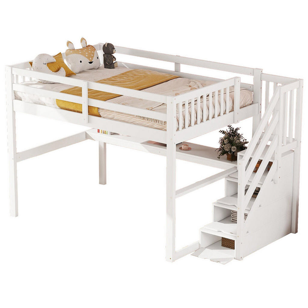 OKWISH DĚTSKÁ vysoká postel 140/200 cm bílá s úložným prostorem a psacím stolem z borovice