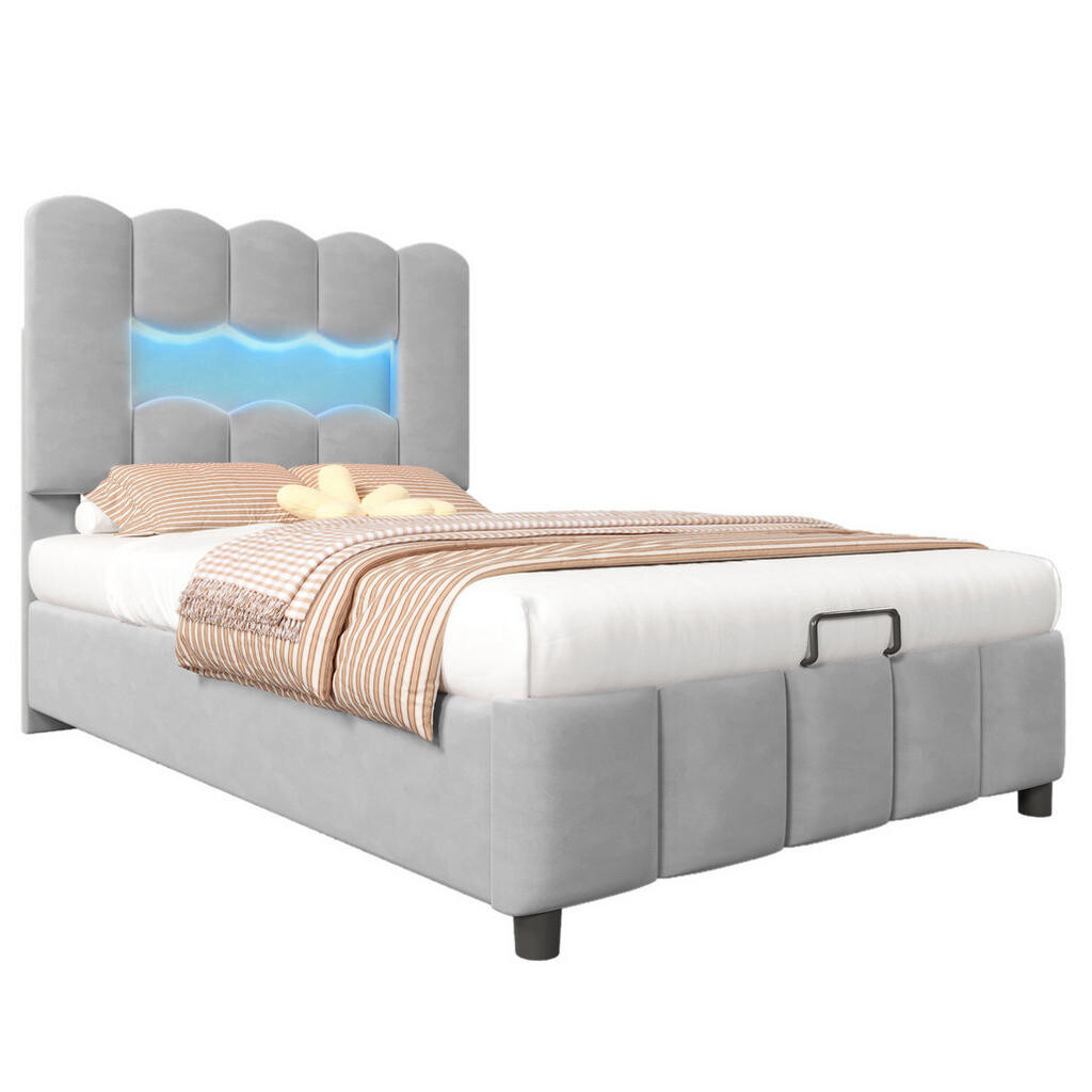 OKWISH ČALOUNĚNÁ postel 90/200 cm šedá ze sametu s LED osvětlením a úložným prostorem