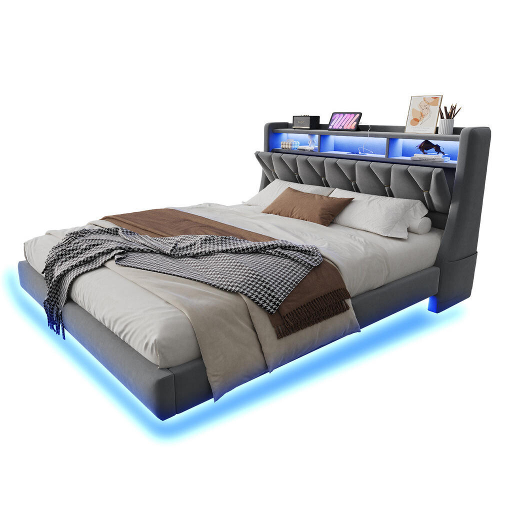 OKWISH ČALOUNĚNÁ postel 180/200 cm šedá z sametu s LED osvětlením, USB a úložným čelem