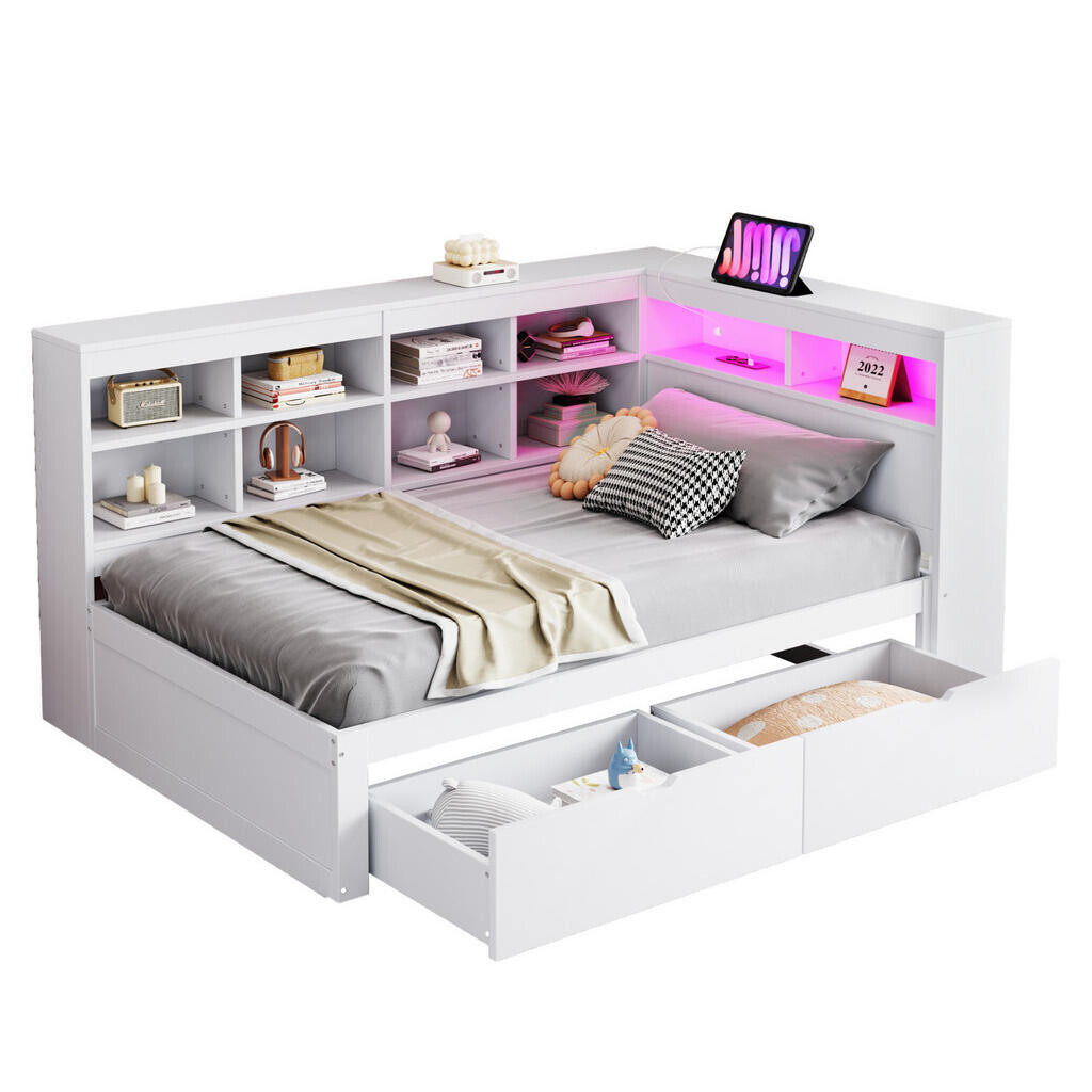 OKWISH JEDNOLŮŽKOVÁ postel 90/200 cm bílá z masivního dřeva s úložným prostorem, LED a USB