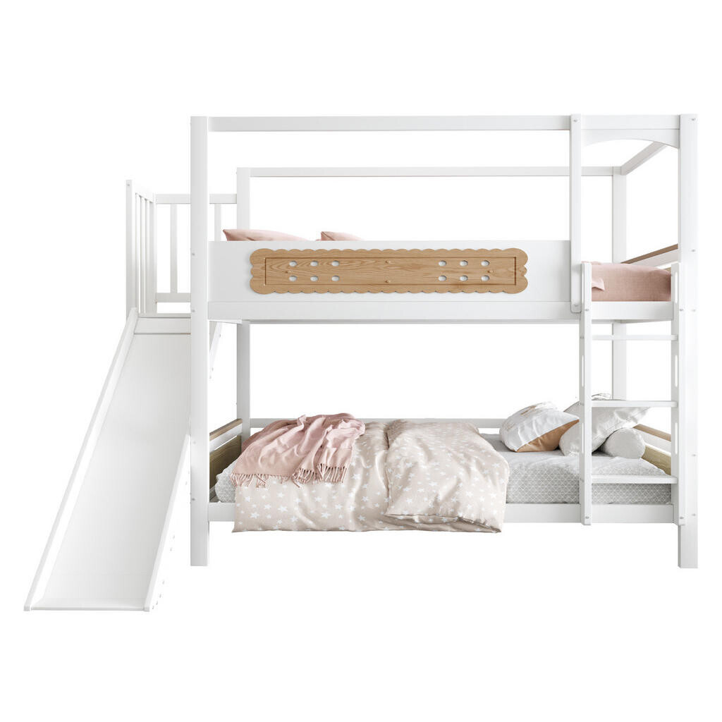 OKWISH PATROVÁ postel 90/200 cm bílá a přírodní z borovice se skluzavkou a širokým žebříkem