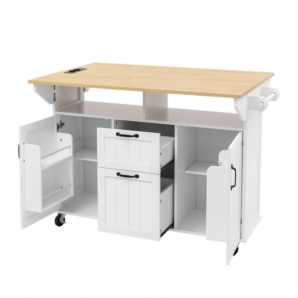 Redom KUCHYŇSKÝ ostrůvek 120/40-60-80/92 cm s výklopnou pracovní deskou, úložným prostorem a kolečky, Bílá + přírodní