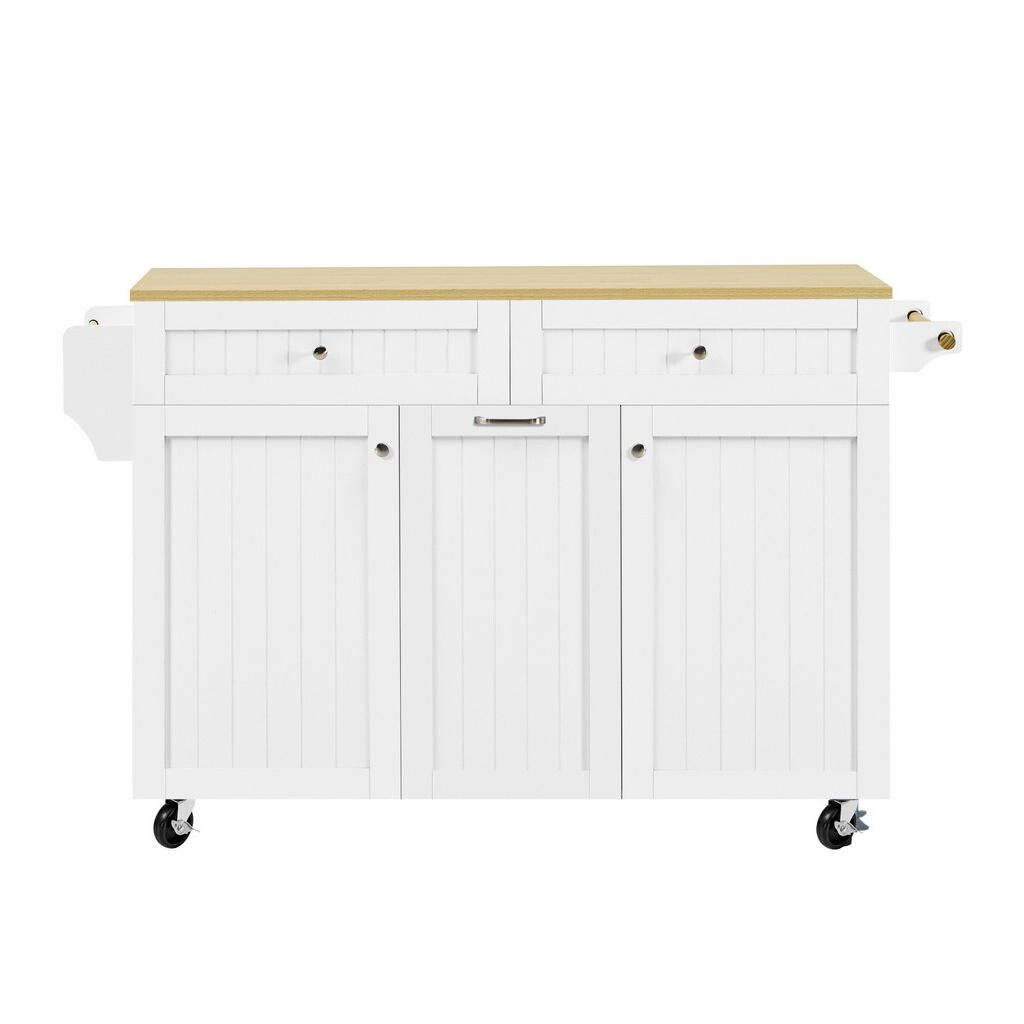 Redom KUCHYŇSKÝ ostrůvek 140/40-70/92 cm s výsuvnou a sklápěcí pracovní deskou, úložným prostorem a kolečky, Bílá a přírodní