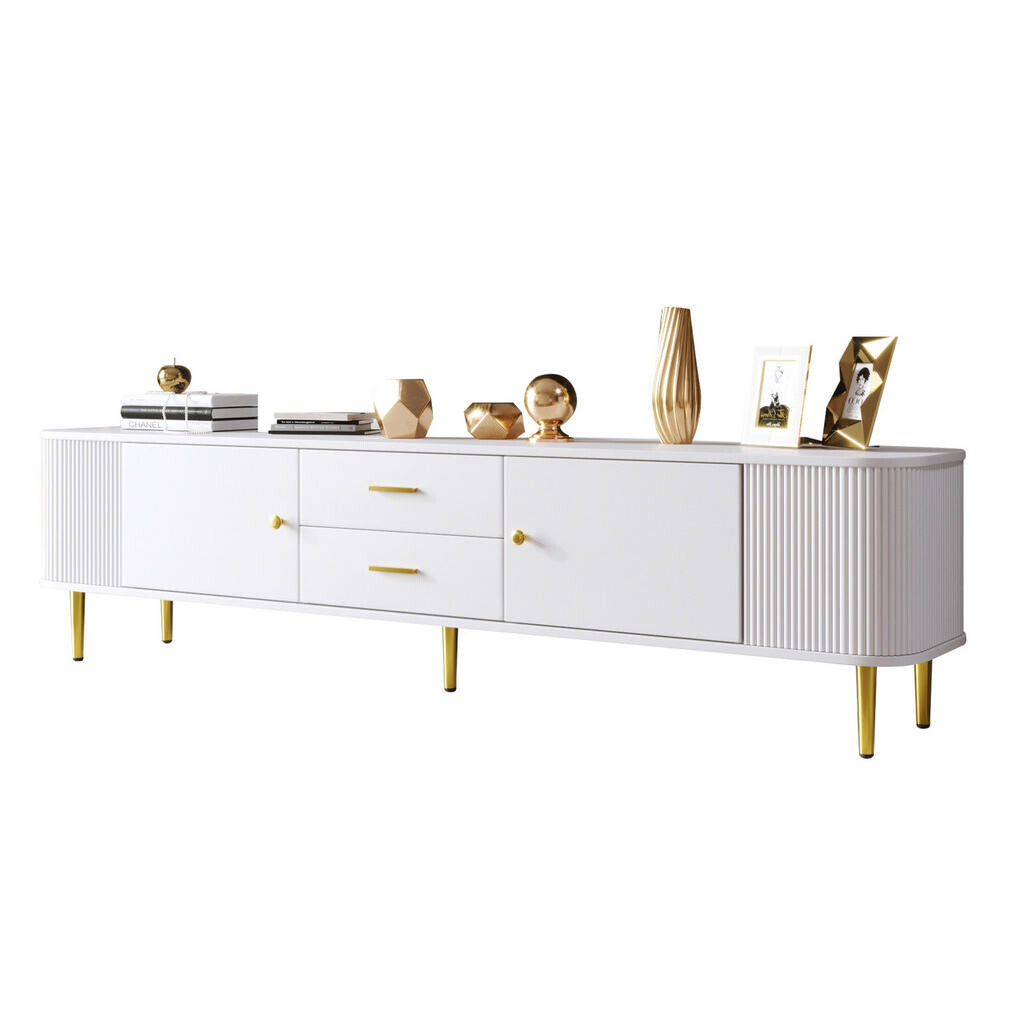 OKWISH TV stolek 170/34/45 cm bílá z MDF se zaoblenými hranami, dvěma zásuvkami a dvířky