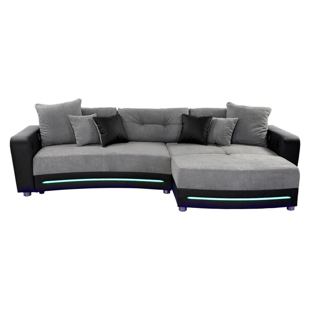 luma-home MULTIMEDIÁLNÍ ROHOVÁ POHOVKA, zvukový systém, RGB LED osvětlení, Bluetooth, 322 × 190 × 88 cm (Š×H×V), umělá kůže, černá – mikrovlákno šedá