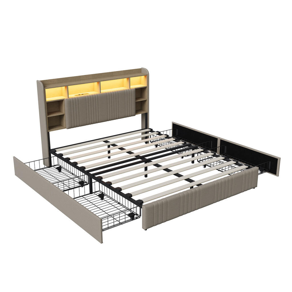 SHOPENTRA ČALOUNĚNÁ postel 160x200 béžová lněná látka, 4 zásuvky, LED, USB/USB-C