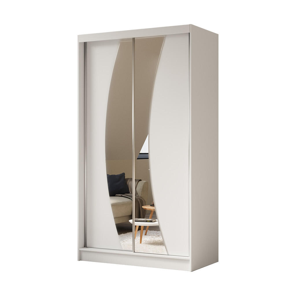 ALTDECOR ŠATNÍ SKŘÍŇ s zrcadlovými posuvnými dveřmi a hliníkovými lamelami, LED osvětlení – VOXI – 120 cm bílá