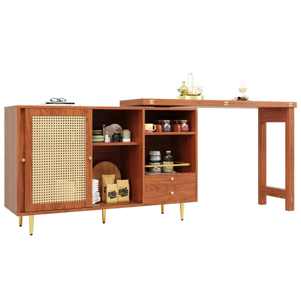 Redom BAROVÝ stůl 107/40/71,4 cm, otočný o 360° a rozkládací, s ratanovými dvířky a úložným prostorem, z MDF, Hnědá