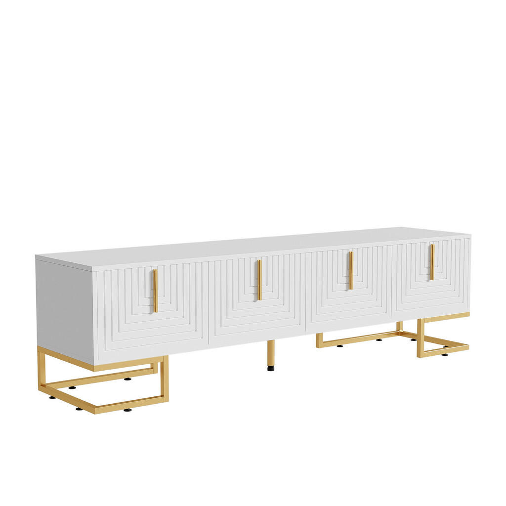 Urban Meuble TV STOLEK bílý se zlatými nohami a 4 dvířky, geometrický design, 170x45 cm