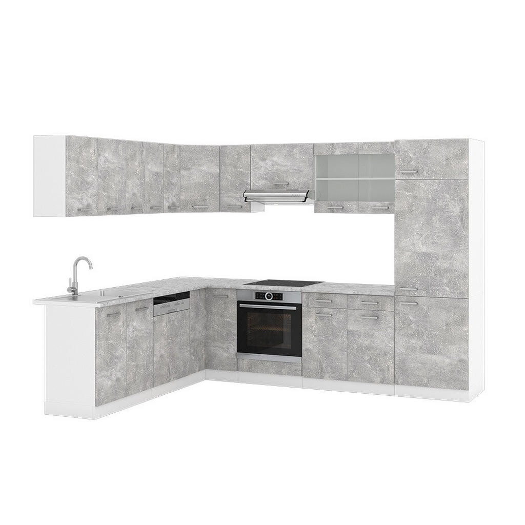 Vicco ROHOVÁ KUCHYŇ R-Line, Beton/Bílá, 287 x 227 cm s pracovní deskou