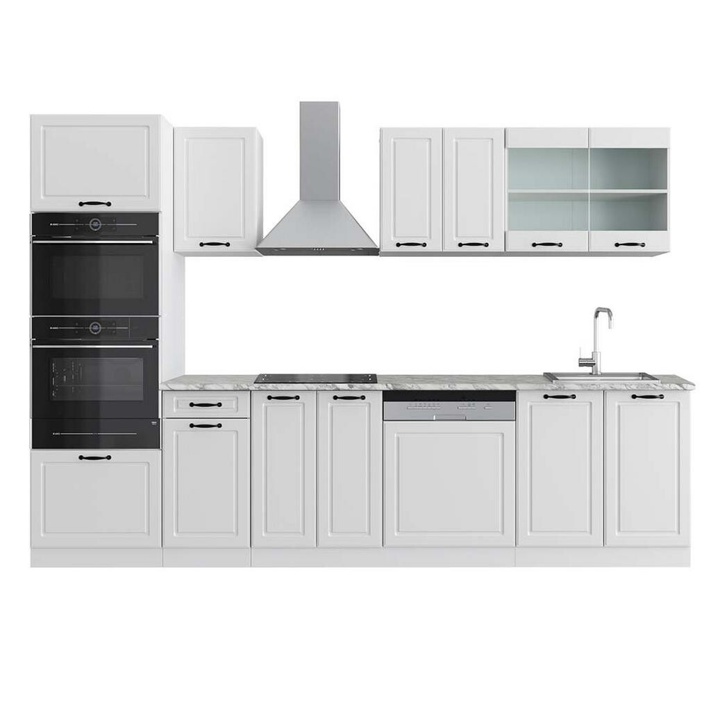 Vicco KUCHYŇSKÝ KOUT R-Line Bílý venkovský dům 300 cm s vysokou skříní, PD Mramor