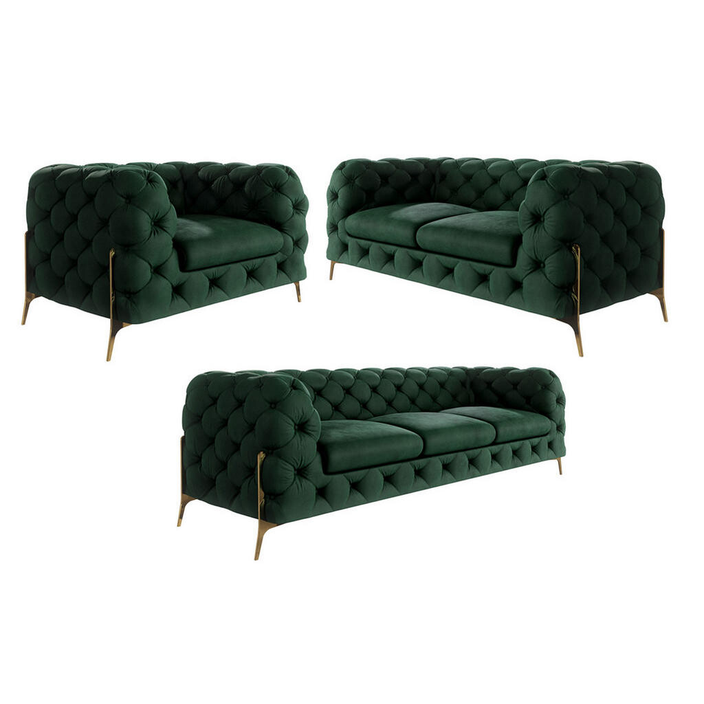S-Style CHESTERFIELD SEDACÍ SOUPRAVA 3+2+1 Lexi v lahvově zelené se zlatými nohami