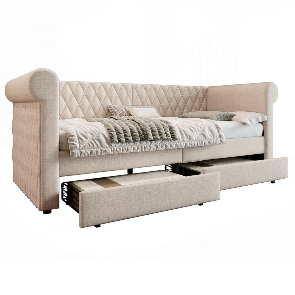 OKWISH POSTEL s úložnými zásuvkami 90/200 cm béžová z lnu s opěrkami a lamelovým roštem