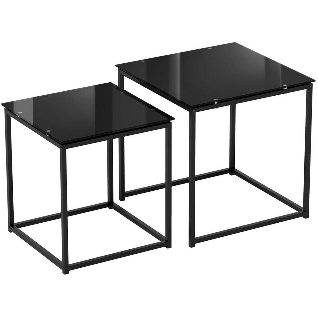 OKWISH SADA odkládacích stolků 42/42/42 a 50/50/52 cm černá z oceli se skleněnou deskou