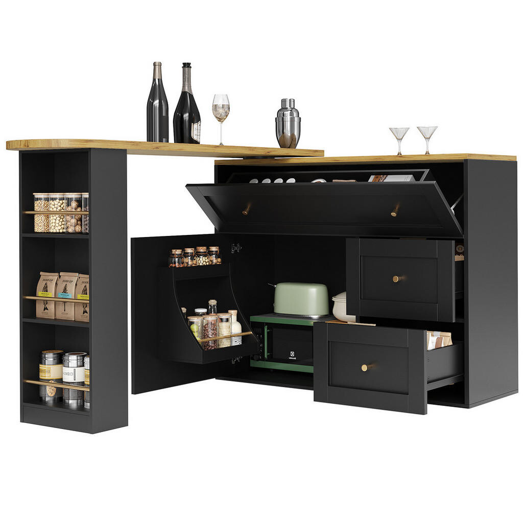 Redom BAROVÝ stůl 138-204/39/105 cm s úložným prostorem, otočnou deskou 360° a sklápěcími prvky z MDF a kovu, Černá