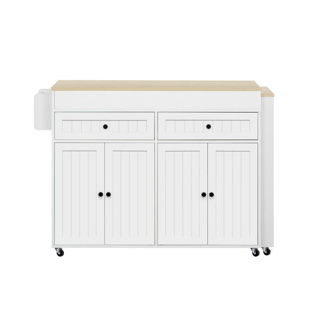 OKWISH KUCHYŇSKÝ ostrůvek 112-180,5/45/92,2 cm bílý a přírodní z MDF s výsuvnou pracovní deskou a kolečky
