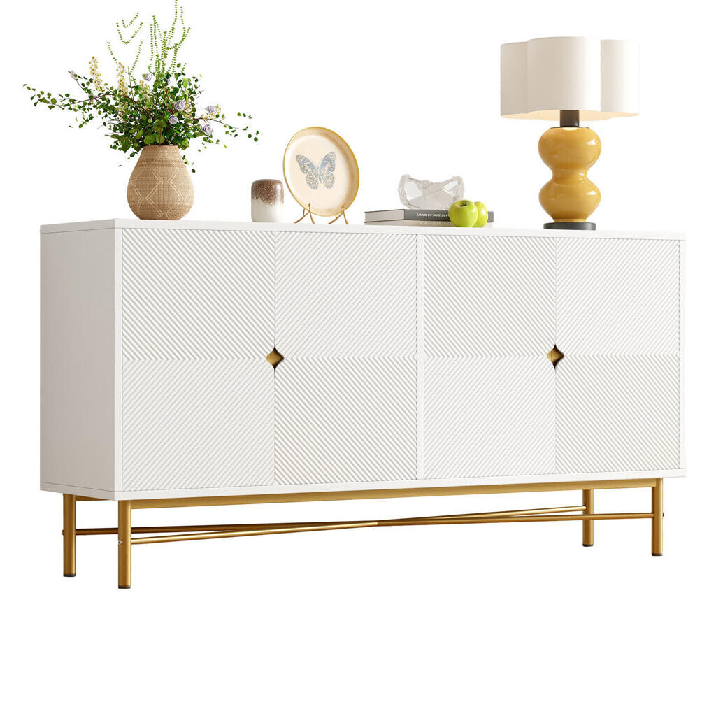 OKWISH BOČNÍ skříň 160/40/82 cm bílá z MDF a dřevotřísky se soft-close a zlatými úchyty