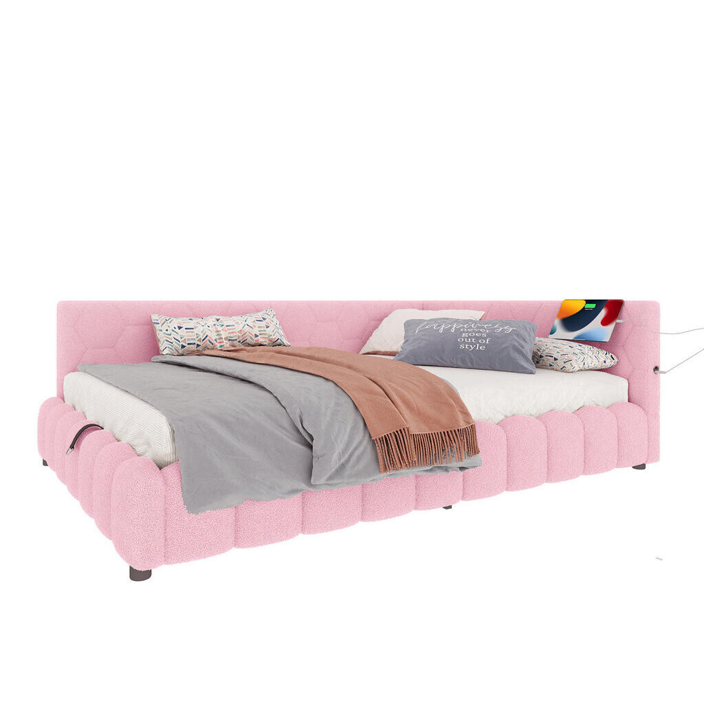 OKWISH DENNÍ postel 140/200 cm růžová z veluru a MDF s LED osvětlením a úložným prostorem
