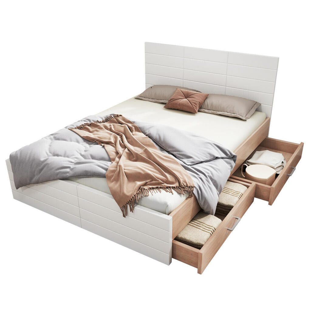 OKWISH MANŽELSKÁ postel 140/200 cm bílá a dubová z masivního dřeva a MDF se zásuvkami